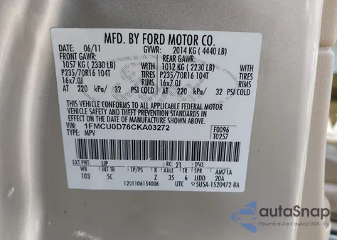 2012 Ford Escape Xlt z USA, uszkodzony, nr VIN 1FMCU0D76CKA03272